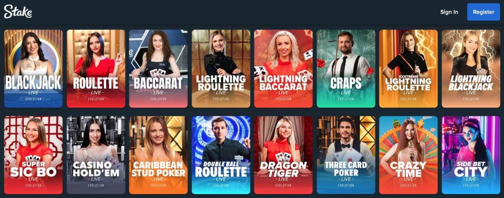 Stake's selection of live casino games